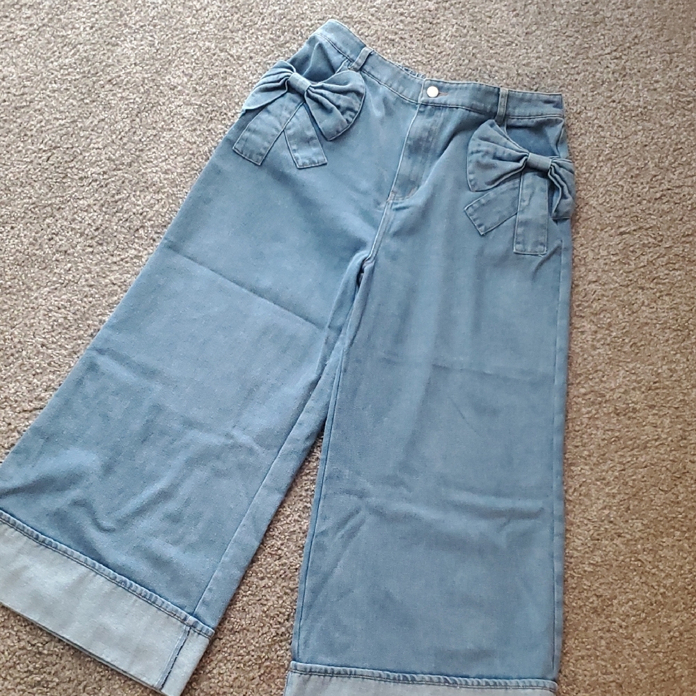 Women's Blue Wide Leg Jeans with Bow Accents